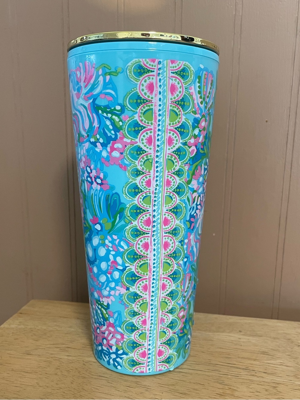 Lilly Pulitzer Aqua La Vista Pink Green Double Wall Tumbler Lid; NO STRAW